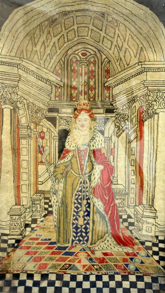 A 17th century needlework panel, depicting Elizabeth I, 24 x 13.75in.